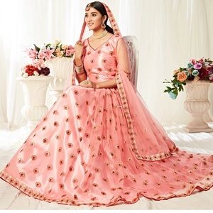 Majesty Peach Coloured Embroidered Heavy Net Lehenga Choli